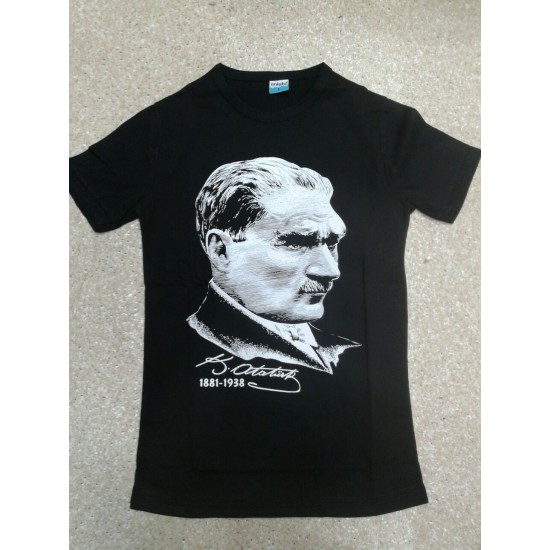 Atatürk Baskılı Tişört Çocuk Boy 1-16 Yaş Kaliteli Penye Siyah