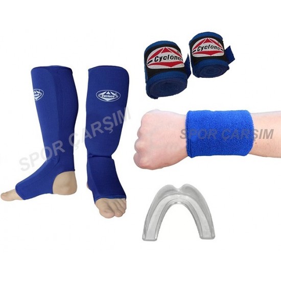 Cyclone Kickboks Kaval Koruyucu,Bandaj,Dişlik,Havlu Bileklik Seti Mavi