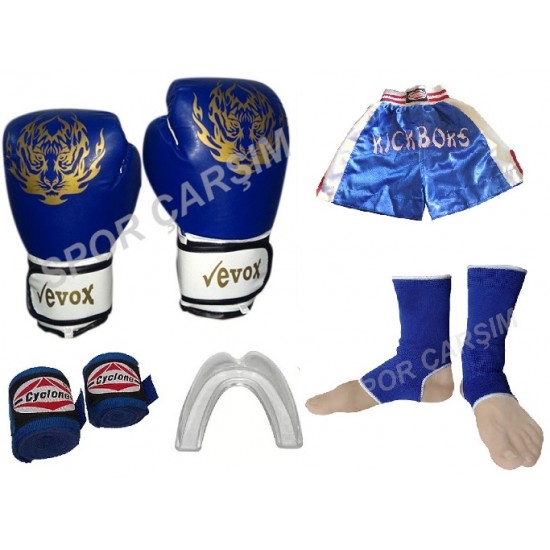 Evox Boks Eldiveni, Kickboks Şortu,Bandaj,Dişlik,Çorap Mavi