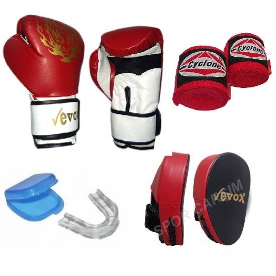 Evox Boks,Kickboks  Eldiveni,Boks Lapası,Bandaj,Dişlik Seti Kırmızı Renk