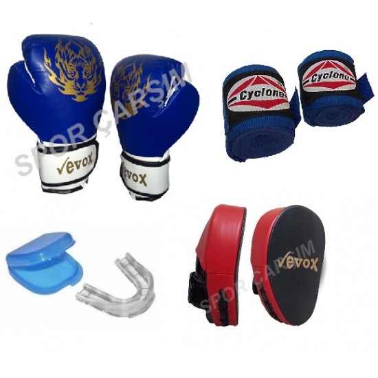 Evox Boks,Kickboks  Eldiveni,Boks Lapası,Bandaj,Dişlik Seti Mavi Renk