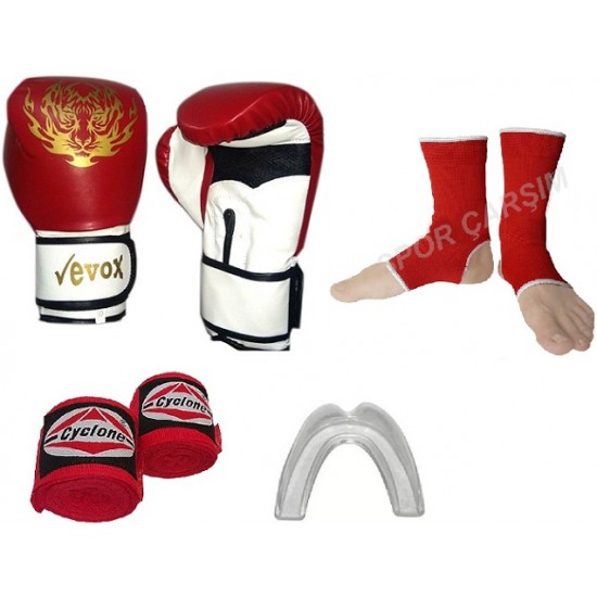 Evox Boks-Kickboks Eldiveni,Bandaj,Dişlik,Ayak Çorabı Set Kırmızı