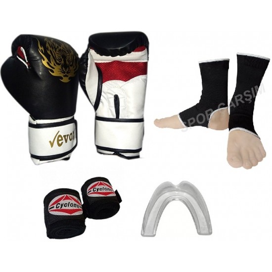 Evox Boks-Kickboks Eldiveni,Bandaj,Dişlik,Ayak Çorabı Set Kırmızı