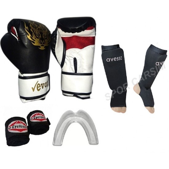 Evox Boks-Kickboks Eldiveni,Kaval Koruyucu,Bandaj,Dişlik Seti Siyah