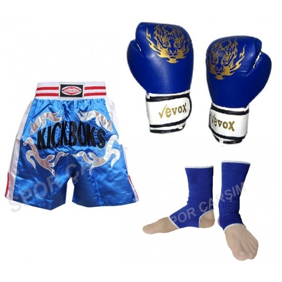 Evox Kickboks Eldiveni,Kickboks Şortu,Kickboks Ayak Bileklik Seti Mavi Renk