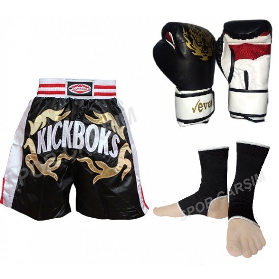 Evox Kickboks Eldiveni,Kickboks Şortu,Kickboks Ayak Bileklik Seti Siyah Renk