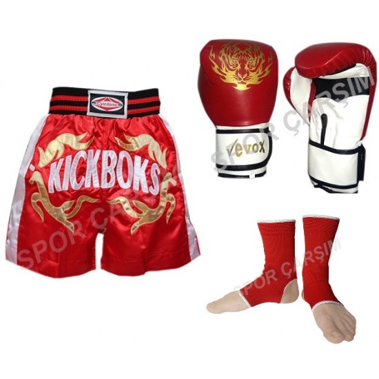 Evox Kickboks Eldiveni,Kickboks Şortu,Kickboks Ayak Bileklik Seti Siyah Renk