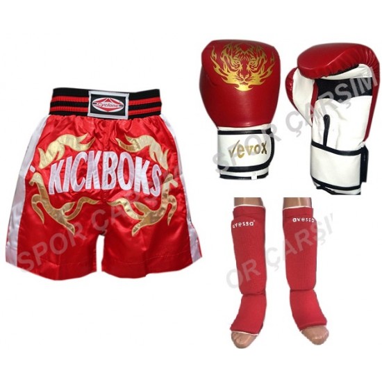 Evox Kickboks Eldiveni,Kickboks Şortu,Kickboks Kaval Koruyu Seti Kırmızı Renk