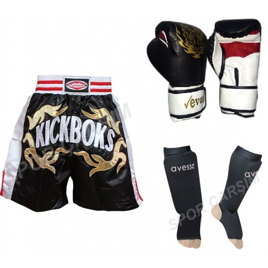 Evox Kickboks Eldiveni,Kickboks Şortu,Kickboks Kaval Koruyu Seti Siyah Renk