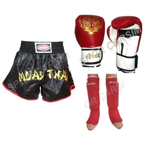 Evox Muay Thai Eldiveni,Muay Thai Şortu, Muay Thai Kaval koruyucu Set S,M,L,XL